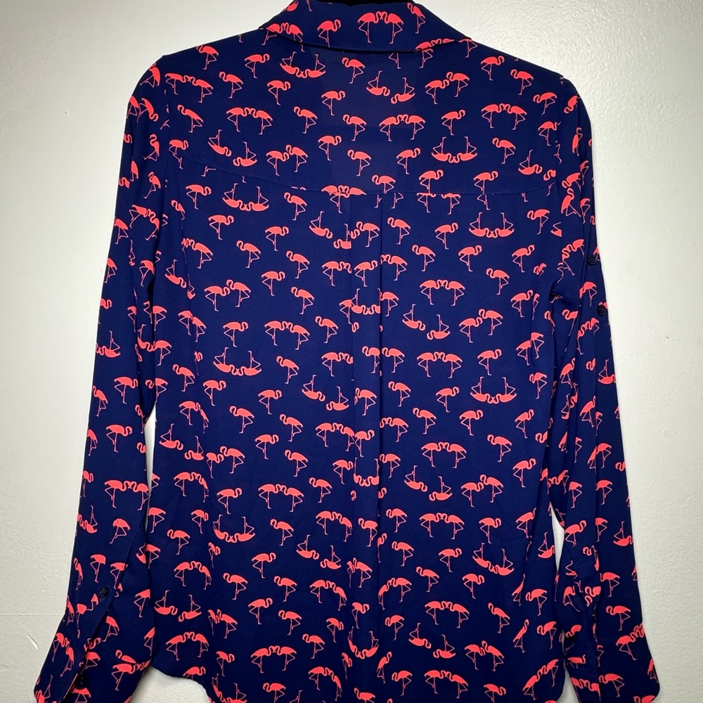 Express Portofino Flamingo Print Blouse XS | Navy Pink Button Front - Picture 4 of 6